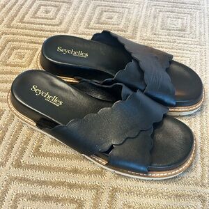 Seychelles Black Scalloped Leather Slide Sandals